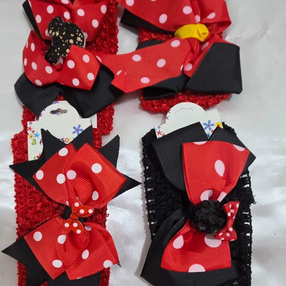 Girls Minnie Style Headbands  Red Black Polka Dot Bows Stretchy